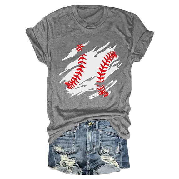 GILIGEGE Baseball Shirts Women Baseball Mom Tshirt Baseball Heart Graphic Tee Game Day Gifts Funny Short Sleeve Tops Women's Spring/Summer Baseball Print Loose T Shirt Short Sleeve Top Grey Xl