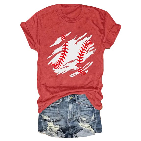 GILIGEGE Baseball Shirts Women Baseball Mom Tshirt Baseball Heart Graphic Tee Game Day Gifts Funny Short Sleeve Tops Women's Spring/Summer Baseball Print Loose T Shirt Short Sleeve Top Red S