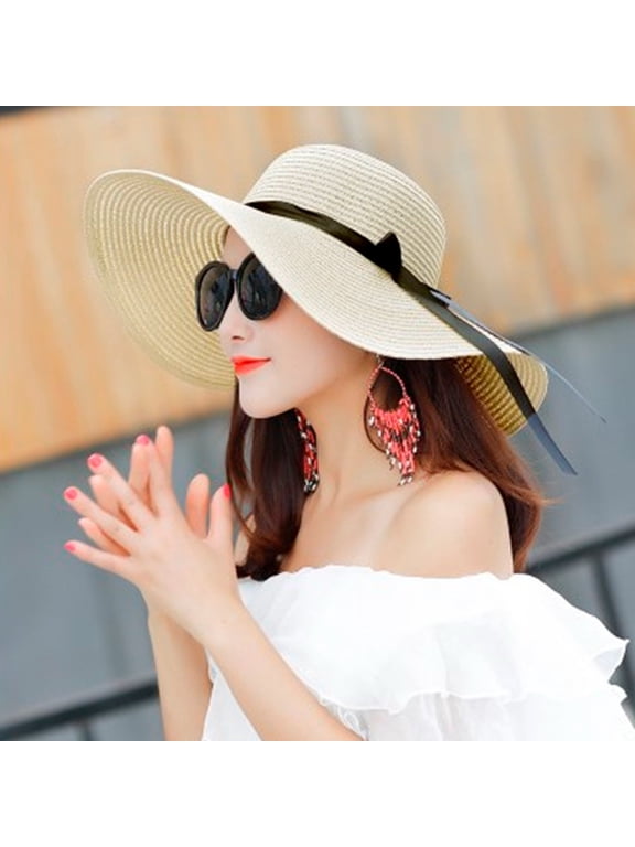 Beach Hats for Women Big Straw Wide Brim Summer Hat Floppy Foldable Roll Up Cap Sun Hat Upf 50+ Beach Hat Vacation Women Big Brim Hat Sun Floppy Wide Brim Hats Bowknot Folding Beach Cap