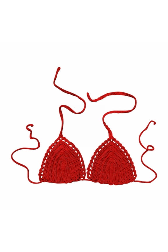 Bikini Tops for Women Triangle Bikini Top Halter String Bathing Suits Top Women's Solid Color Crochet Swimsuit Euramerican Swimsuit Bikini Top Red L