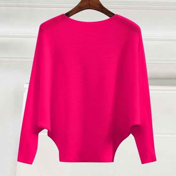 GILIGEGE Boat Neck Batwing Sleeves Dolman Knitted Sweaters and Pullovers Tops for Women,Ribbed Knitted Pullovers,Crewneck Sweaters,Lightweight Oversized Spring Fall Casual Flowy Sweaters Hot Pink 6XL