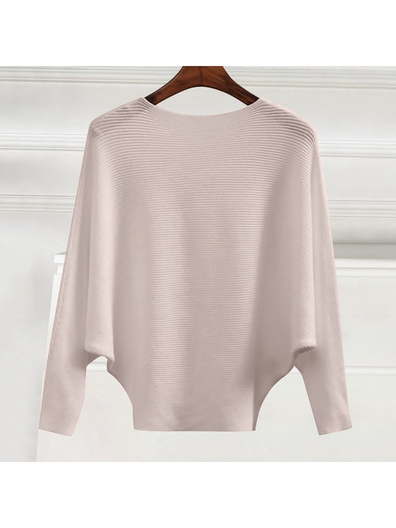Boat Neck Batwing Sleeves Dolman Knitted Sweaters and Pullovers Tops for Women,Ribbed Knitted Pullovers,Crewneck Sweaters,Lightweight Oversized Spring Fall Casual Flowy Sweaters Rose Gold M