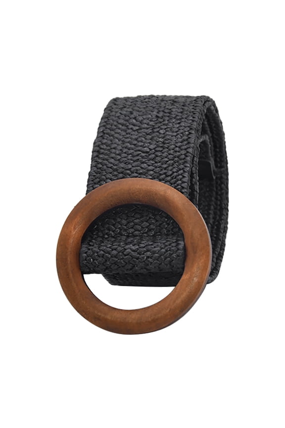Boho Chic Set Of Straw Woven Waist Belts for Women Elastic Stretch Belts Raffia Dress Waist Band Fashion Vintage Round Square Buckle Dress Decorative Belt for Dresses& Beach Cover-Ups Black