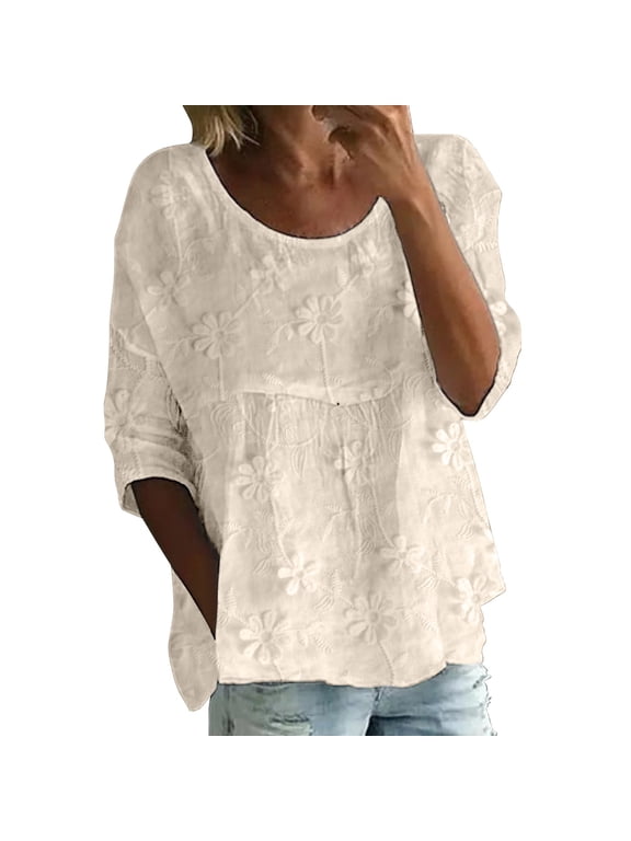 Boho Tops for Women,3/4 Sleeve Summer Floral Print Peasant Blouse,Round Neck Shirt,Tunic Top,Pleated Blouse Shirt,Loose Fit Flowy Peplum Babydoll Shirts 2026,Cute Plus Size Blouse Beige