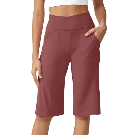 GILIGEGE Capri Pants for Women High Waist with Pockets Knee Length Wide Leg Yoga Capris Loose Straight Leg Dressy Casual Summer Crop Pants Bermuda Shorts for Women Lounge Walking Athletic Wine