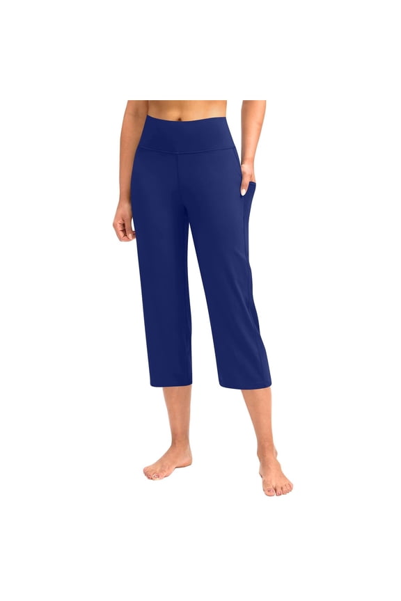 Capri Pants for Women High Waist Workout Yoga Pants with Pockets Tummy Control Leggings Crop Straight Leg Yoga Capri Pants Wide Leg Crop Exercise Workout Summer Pants Blue M