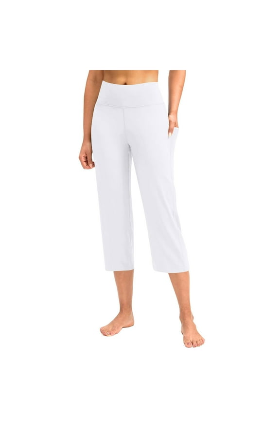 Capri Pants for Women High Waist Workout Yoga Pants with Pockets Tummy Control Leggings Crop Straight Leg Yoga Capri Pants Wide Leg Crop Exercise Workout Summer Pants White XL
