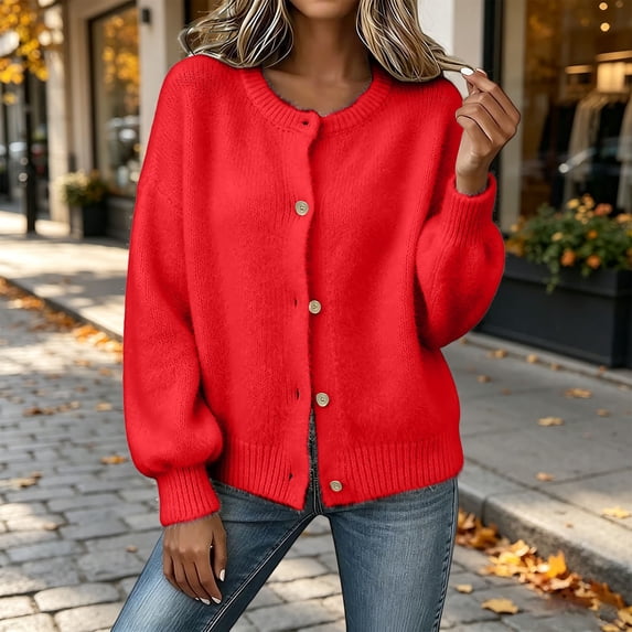 GILIGEGE Cardigan Sweaters for Women,Button Down Crewneck Long Sleeve Open Front Chunky Sweaters,Soft Cozy Loose Fit,Trendy Oversized Casual Fall Winter Back to School Teacher Outfits 2026 Red L