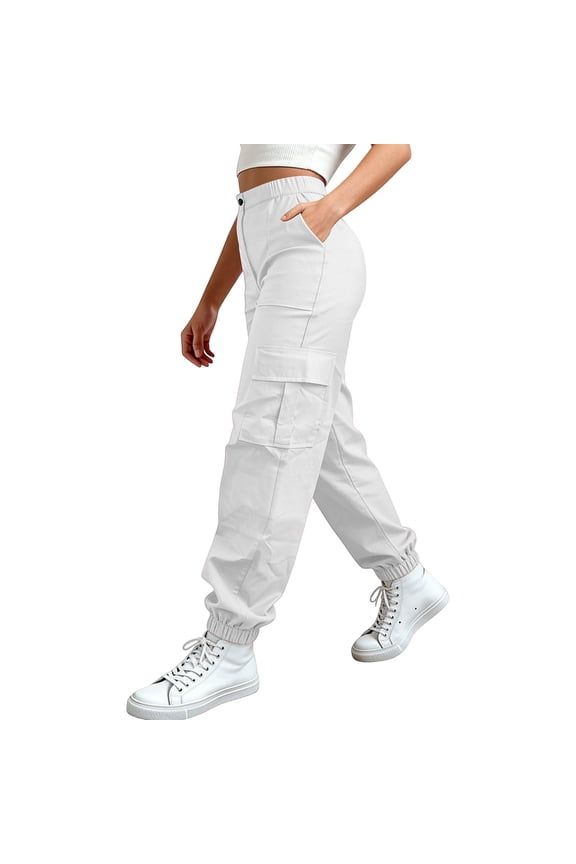 Cargo Pants for Women Lightweight Quick Dry Pant Streetwear Elasti Waist Baggy Solid Parachute Trousers Wide Leg Hip Hop Streetwear Tactical Pants Breathable with Utility Pockets White
