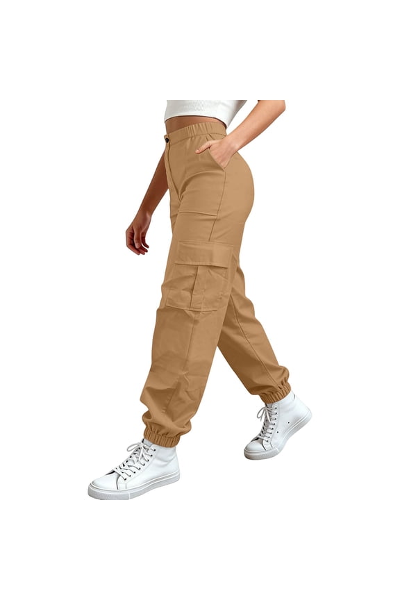 Cargo Pants for Women Lightweight Quick Dry Pant Streetwear Elasti Waist Baggy Solid Parachute Trousers Wide Leg Hip Hop Streetwear Tactical Pants Breathable with Utility Pockets Khaki