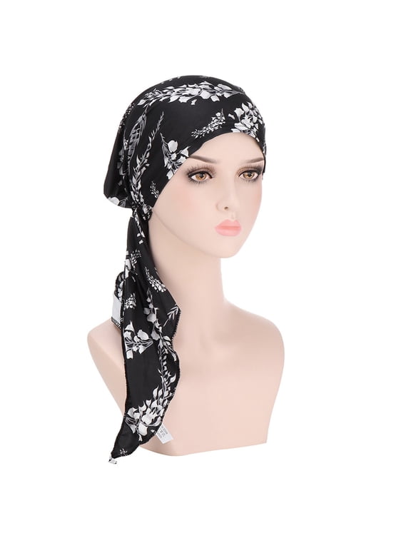 Chemo Headwear Pre-Tied Bandana Hat for Women Flower Printed Caps Headwear Skull Coverings Caps Turbans for Women Long Hair Lightweight Turban Beanie Cap Soft Cancer Hats Hair Cover Hat