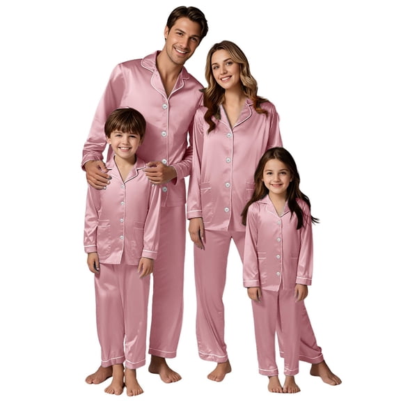 GILIGEGE Christmas Family Matching Pajamas Long Sleeve Button Down Pj Set Festival Party Sleepwear Family Satin Christmas Pajamas Sets Solid Silk Xmas Pjs Matching Sets Pink 150