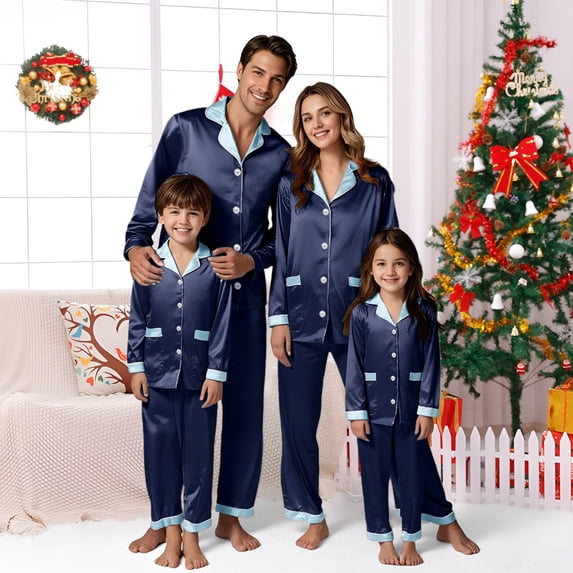 GILIGEGE Christmas Pajamas for Women Set Family Matching Satin Silk Pajamas Set Women Solid Satin Pajamas Matching Sleepwear Silk Family Set Pants Pj'S Nightwear Loungewear for Women Navy L