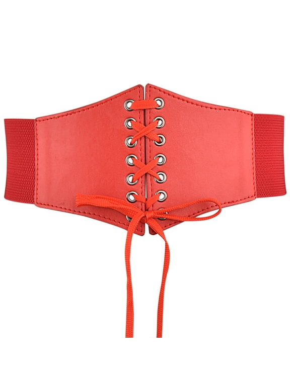 Corset Belt for Women - Vintage Lace-Up Elastic Waist,Tied Waspie Wide for Halloween Costume Waist Cincher Corset Wide Band Elastic Tied Belt Leather Soft Adjustable Black Costumes Red