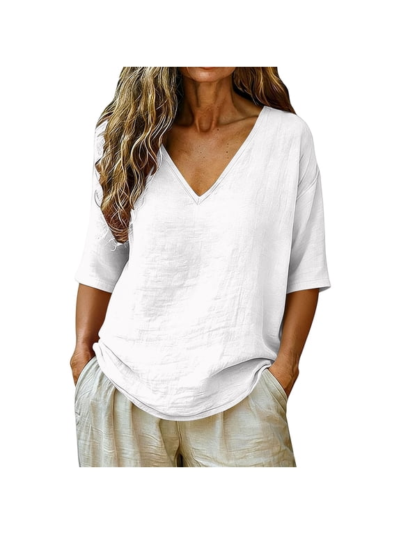 Cotton PeasantTops For Women Dressy Casual Clothes Peasant Shirts Gauzy Half Sleeve Solid Color Blouses Cotton Linen Shirts Cotton Blouses MuslIn Shirt Women Breathable Shirts White XL