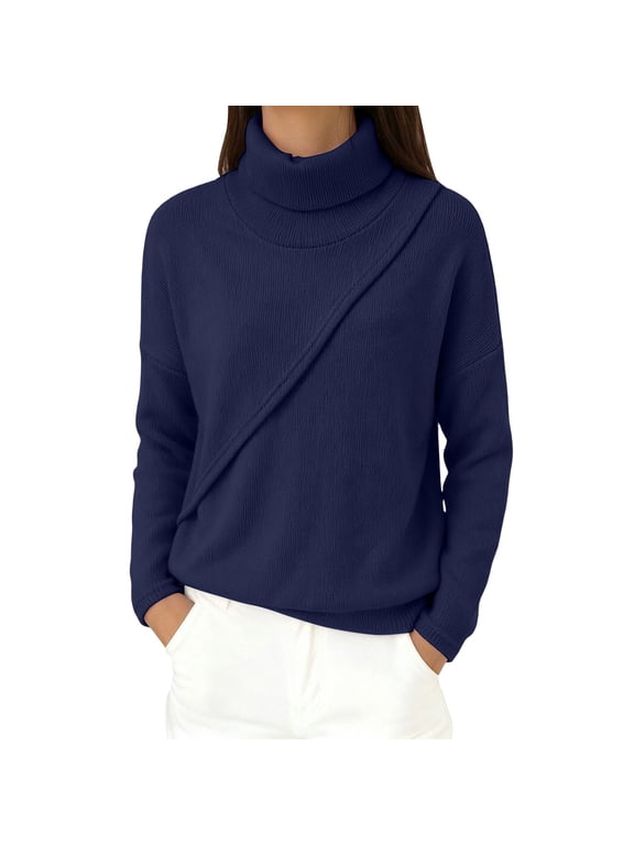 Cowl Neck Sweaters for Women,2026 Fall Winter Lightweight Long Sleeve Sweater,Elegant Retro Draped Wrap Front Design,Solid Color Casual Cozy Loose Basic Knit Pullover Tops Dark Blue M