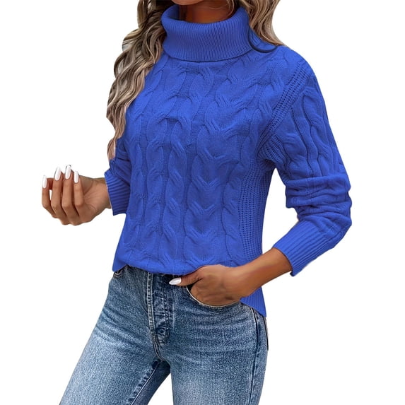 GILIGEGE Fall Sweaters for Women Turtleneck Cable Knit Pullover Tops,Fall Winter Soft Cozy High Neck Chunky Cable Knit Jumpers,Trendy Outfits,Casual Work Cute Long Sleeve Clothes Blue M