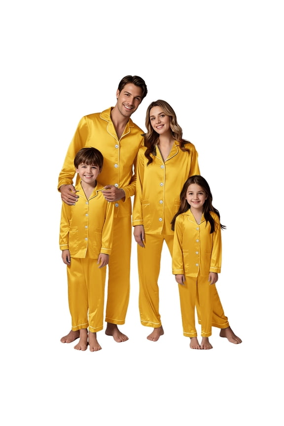 Family Christmas Pajamas Matching Sets Silk Satin Button Down Sleepwear Long Sleeve Nightwear 2 Pcs Loungewear for Men Yellow M