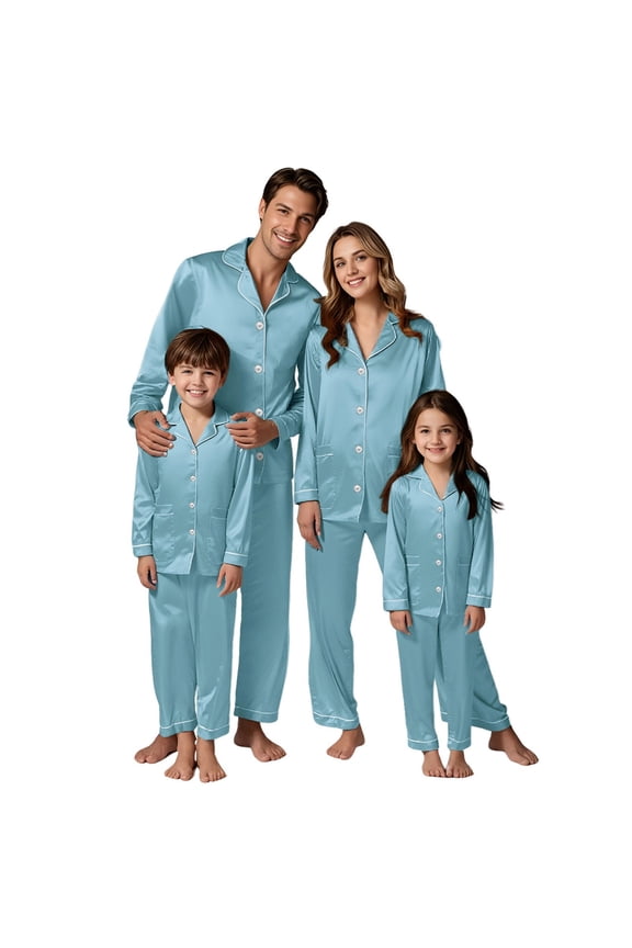 Family Matching Satin Pajamas Button Down Sleepwear Two Piece Lounge Set Long Sleeve Silky Nightwear Christmas Pajamas for Couples 2 Pcs Pj Set Blue L