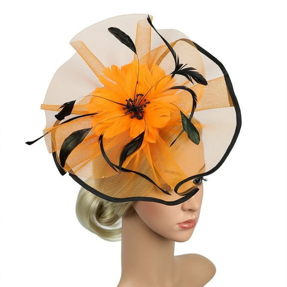 GILIGEGE Fascinator Hat Floral Feather Pillbox Derby Hats for Women Wedding Tea Party with Headband Clip Women Hat Headwear Church Feather Clip Fascinators Hat Wedding Party Cap for Orange One Size