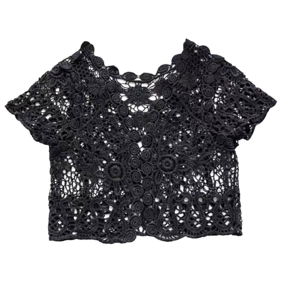 GILIGEGE Floral Crochet Bolero Shrug Cardigan for Women Girls Lace Fringe Hollow Out V Neck Short Sleeve Tie Front Open Front Lightweight Boho Crop Beach Cover Up Sweater Vest Jackets Black