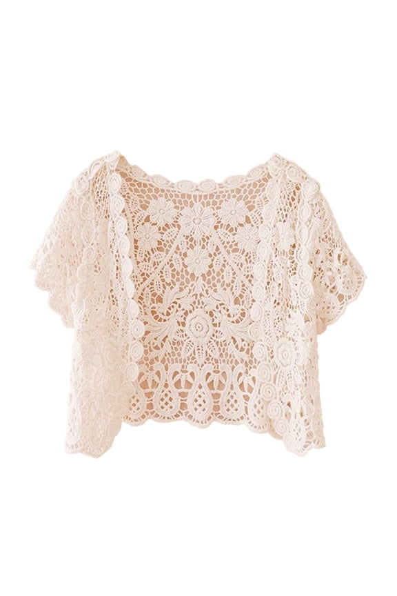 Floral Crochet Bolero Shrug Cardigan for Women Girls Lace Fringe Hollow Out V Neck Short Sleeve Tie Front Open Front Lightweight Boho Crop Beach Cover Up Sweater Vest Jackets Beige