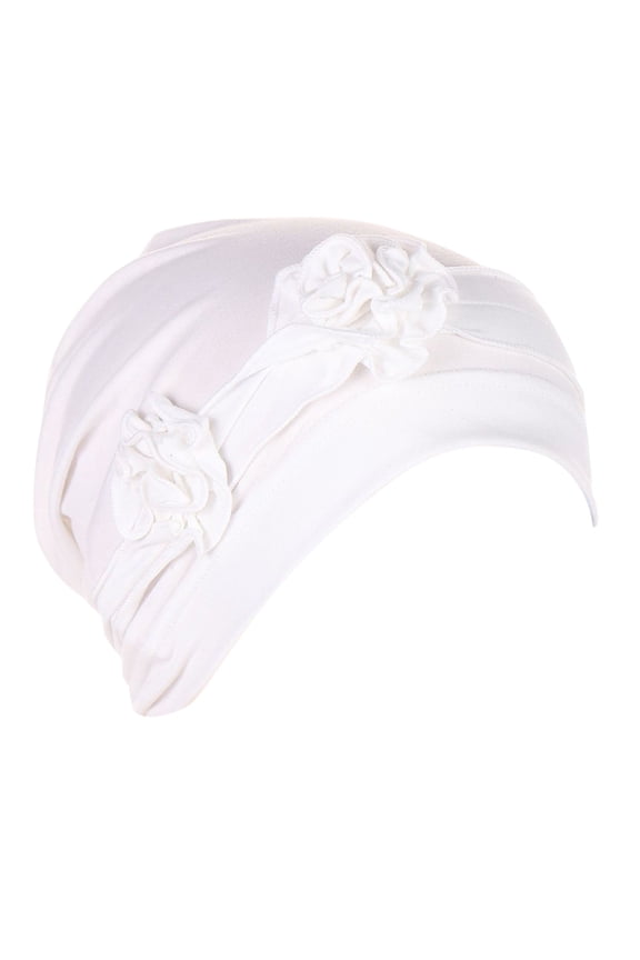 Flower Turban Hats for Women Pre Tied Twist Headwrap Soft Cover Wrap Hat Slouchy Cancer Headwear Inclusive Cap Vintage Turbans Beanies Headscarf Chemo Headwear Cap for Women and Girls White