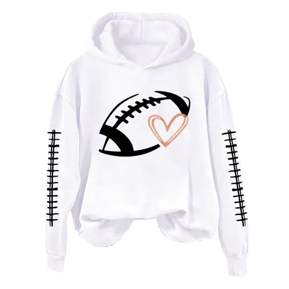 GILIGEGE Football Hoodies For Women,Game Day Sweatshirts,Plus Size Hooded Pullover With Pockets,Heart Graphic,Fall Fashion 2026 Fleece Sweaters,Long Sleeve Crewneck Casual Fall Tops White 5XL