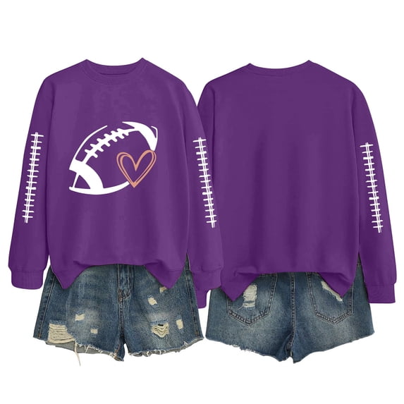 GILIGEGE Football Mom Sweatshirts Game Day Shirts Fall Trendy Graphic Pullover,Long Sleeve,Cute Trendy Heart Graphic,2026 Fall Clothes,Cheer Outfits,Crew Neck Plus Size Casual Funny pullover Purple