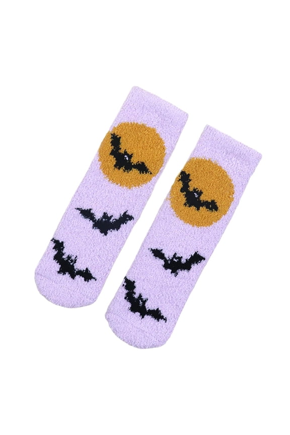 Fuzzy Coral Fleece Crew Tube Socks for Women Super Soft Warm Cloud Comfy Multi Color Non Slip Floor Indoor Outdoor Cabin Home Sleep Yoga Halloween Bat Pumpkin Cat Cosplay Party Gift Purple