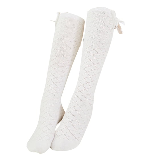GILIGEGE Girl's Knee High Socks Over Calf Diamond Pattern Socks Kids Overknee Stockings Long Stockings Dress Socks School Uniform Seamless Toe Sock Breathable Mesh Bow Style White