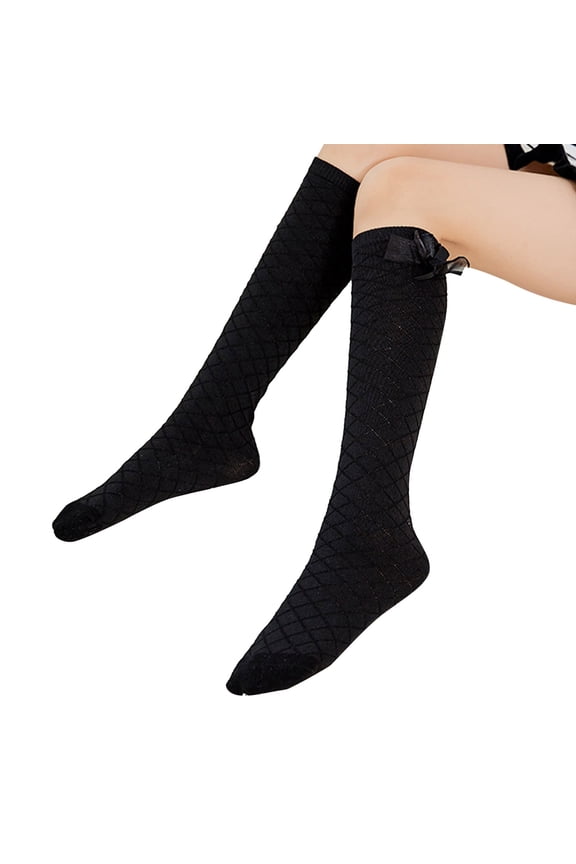 Girl's Knee High Socks Over Calf Diamond Pattern Socks Kids Overknee Stockings Long Stockings Dress Socks School Uniform Seamless Toe Sock Breathable Mesh Bow Style Black