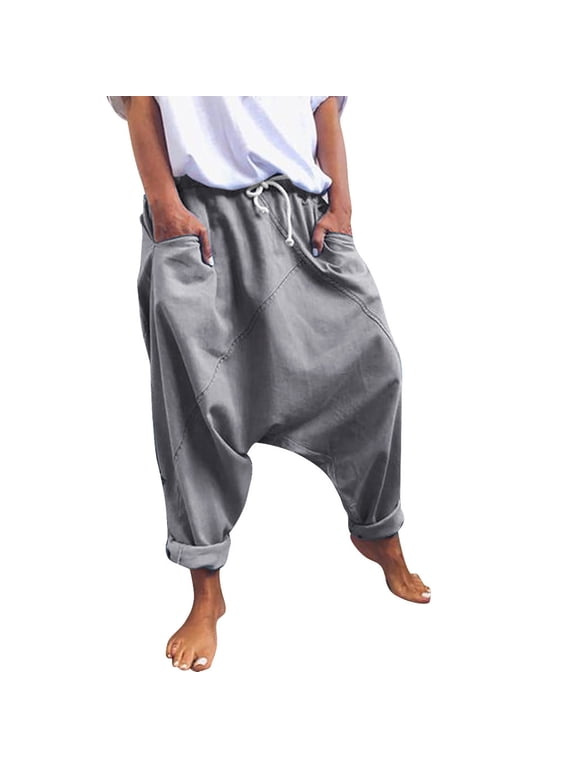 Harem Pants for Women Drawstring Elastic Waist Aladdin Hippie Pants Loose Drop Crotch Trousers Baggy Boho Yoga Pants with Pockets Casual Loose Summer Beach Jogger Pants for Daily Grey