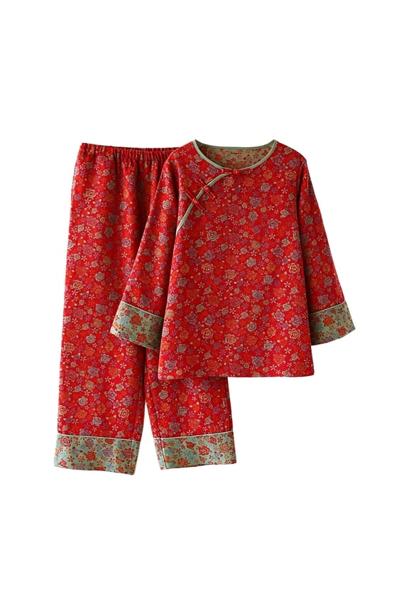 Jacquard Weave Pajama Set for Women Gauze Cotton Set Pajamas Set Loungewear Hanfu Slanting Front Pjs Set Colorful Floral Pajama Long Sleeve Sleepwear Elegant Sleepwear for Four Seasons Red