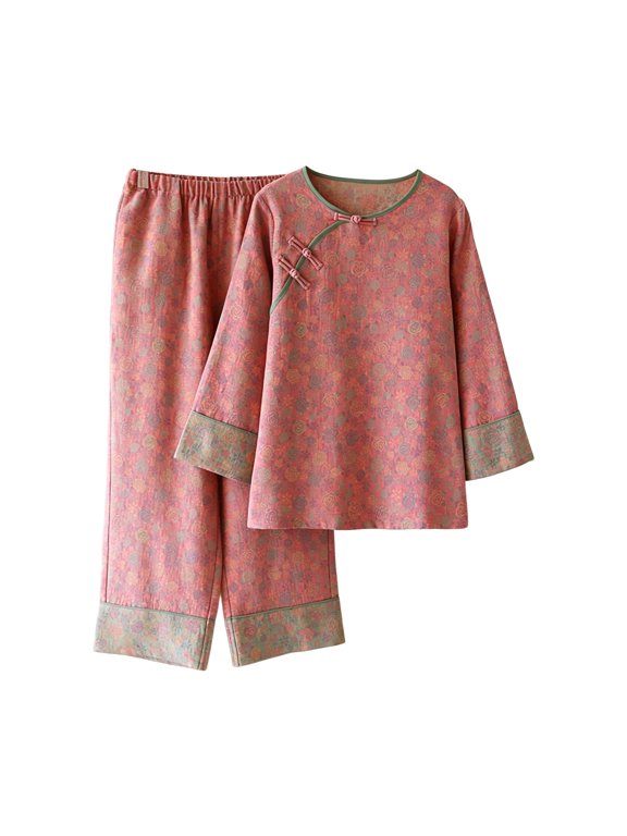 Jacquard Weave Pajama Set for Women Gauze Cotton Set Pajamas Set Loungewear Hanfu Slanting Front Pjs Set Colorful Floral Pajama Long Sleeve Sleepwear Elegant Sleepwear for Four Seasons Pink