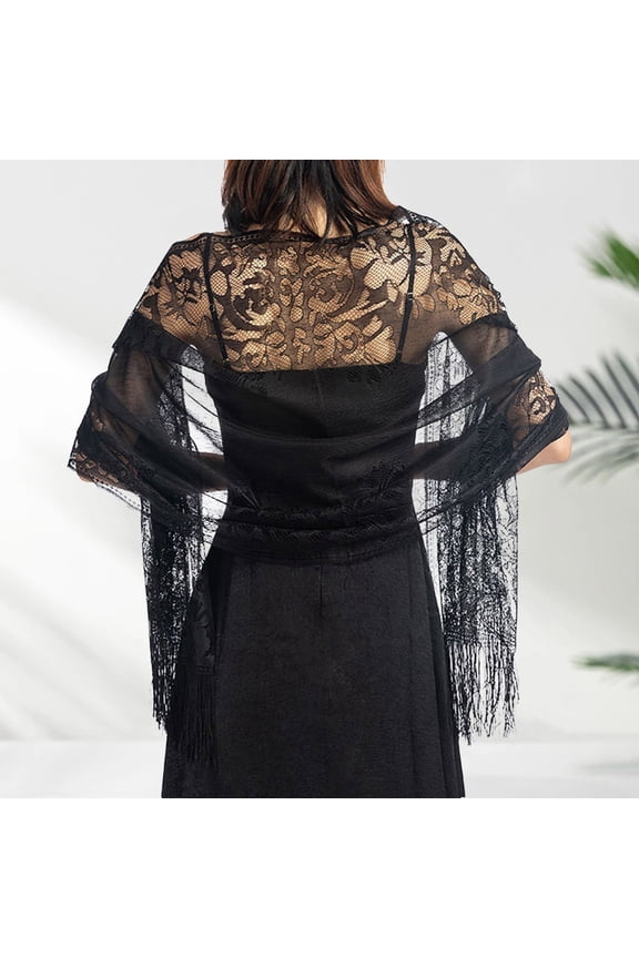 Lace Shawls and Wraps for Evening Dresses, with Fringe, Elegant Shawl for Women Formal Wedding Accessory Bridesmaid Evening Dress Cheongsam Shawl Dinner Hollowed Out Lace Shawl