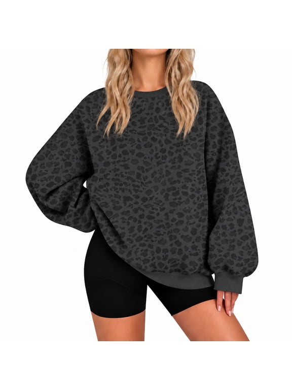 Leopard Print Oversized Sweatshirts for Women,Crewneck Cheetah Sweatshirts,Fall Long Sleeve Top,Y2k Soft Fleece Pullover,Ribbed Cuffs, Relaxed Fit,Soft Lightweight No Hooded Tops Black M