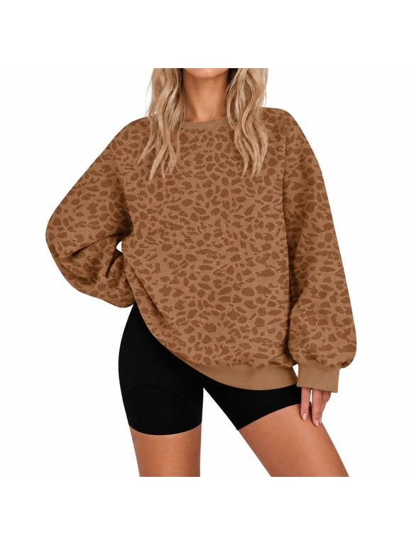 Leopard Print Oversized Sweatshirts for Women,Crewneck Cheetah Sweatshirts,Fall Long Sleeve Top,Y2k Soft Fleece Pullover,Ribbed Cuffs, Relaxed Fit,Soft Lightweight No Hooded Tops Brown S