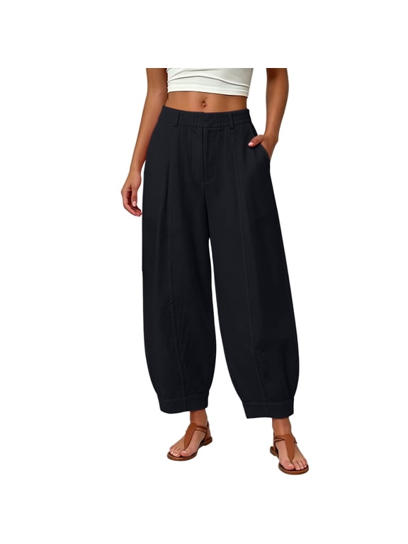 Linen Barrel Pants for Women Cotton Palazzo High Waisted Balloon Pants Dressy Casual Straight Leg Cropped Pants Lightweight Capri Pants with Pockets Beach Boho Wide Leg Baggy Trousers Black