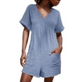 thumbnail image 1 of GILIGEGE Linen Overalls for Women Womens Summer Cute Short Overalls Loose Fit Short Sleeve Casual Rompers Jumpsuits Shorts Fashion Women's Solid V Neck Pocket Zippered Short Sleeve Jumpsuit Blue L, 1 of 5