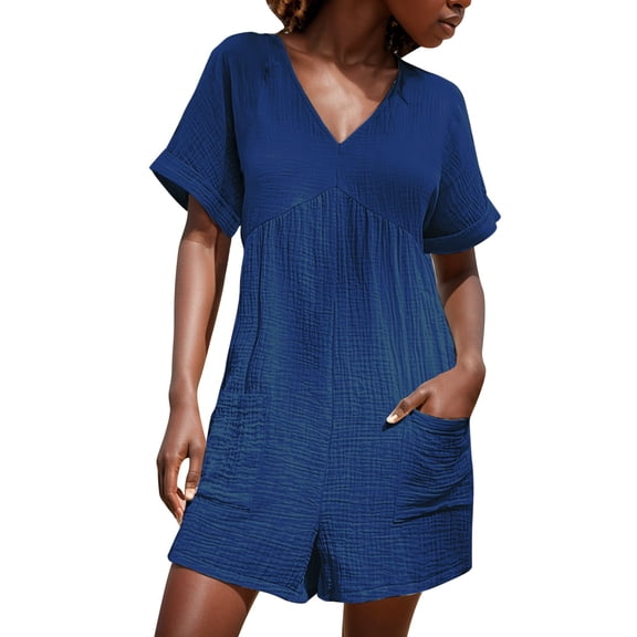 GILIGEGE Linen Overalls for Women Womens Summer Cute Short Overalls Loose Fit Short Sleeve Casual Rompers Jumpsuits Shorts Fashion Women's Solid V Neck Pocket Zippered Short Sleeve Jumpsuit