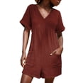 thumbnail image 1 of GILIGEGE Linen Overalls for Women Womens Summer Cute Short Overalls Loose Fit Short Sleeve Casual Rompers Jumpsuits Shorts Fashion Women's Solid V Neck Pocket Zippered Short Sleeve Jumpsuit Brown M, 1 of 5