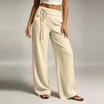 thumbnail image 1 of GILIGEGE Linen Pants for Women Elastic Drawstring Sweatpants Breathable Pants Solid Color Tummy Control Relaxed Fit Straight Leg Trousers Soft Pants Loose Palazzo Pants High Waisted Boho Pant Beige, 1 of 8