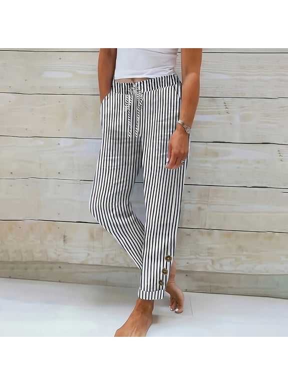 Linen Pants Women Summer Soft Comfy Long Lounge Pants for Summer Long Pant Cropped Summer Capris Pants Cotton Gauze Pants for Women Breathable Linen Pant Office Dress Work Slacks Black L