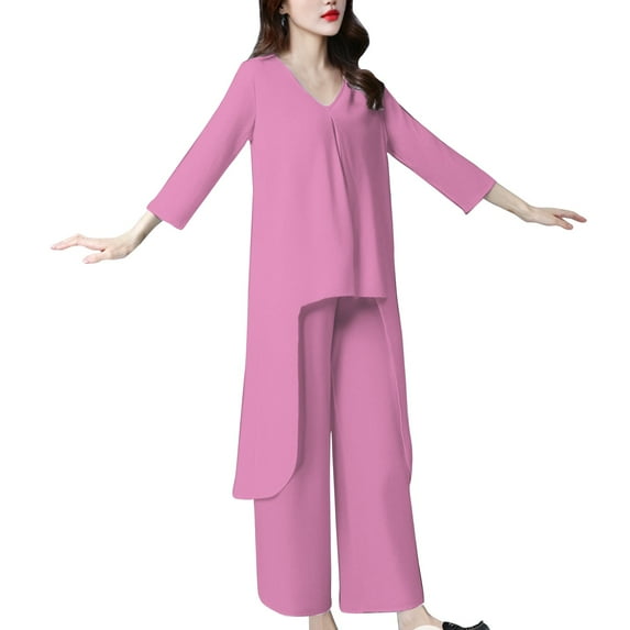 GILIGEGE Linen Sets for Women 2 Piece Set for Women 2 Piece Cotton Outfits 3/4 Sleeve Maxi Shirt Wide Leg Pants Suit Casual Matching Sets Summer Lounge Sets Hot Pink S