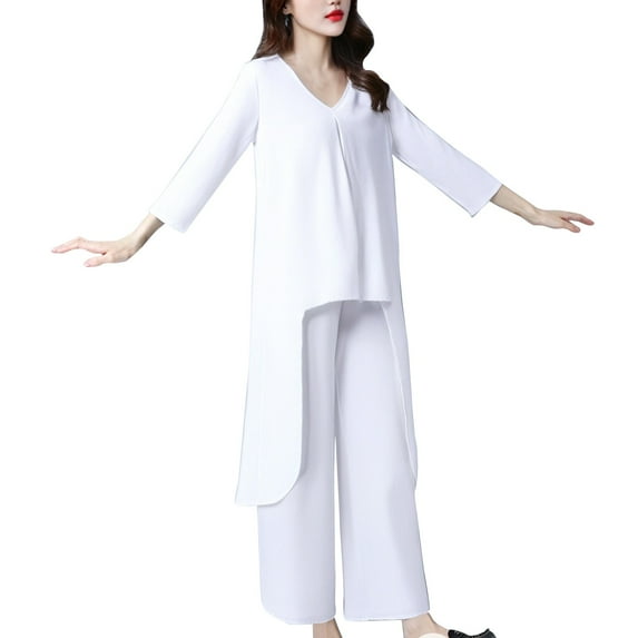 GILIGEGE Linen Sets for Women 2 Piece Set for Women 2 Piece Cotton Outfits 3/4 Sleeve Maxi Shirt Wide Leg Pants Suit Casual Matching Sets Summer Lounge Sets White S