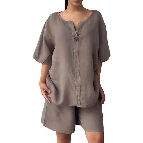 GILIGEGE Linen Sets for Women 2 Piece Summer Cotton Linen 2 Piece Short Set for Women Solid Color Summer Loose Short Sleeve Matching Set Shorts Lounge Beach Vacation Two Piece Outfits Tracksuits