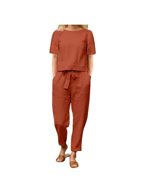 Linen Sets for Women 2 Piece Summer Cotton and Linen Matching Suit Half Sleeved Wide Leg Pants Retro Set Of Two Tracksuit Lounge Matching Sets Red L