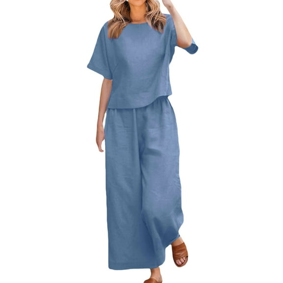 GILIGEGE Linen Sets for Women 2 Piece Summer Cotton Linen Set for Women Loose Outfits Short Sleeve Top Wide Leg Long Pants Suit Solid Matching Sets Wide Leg Pants Tracksuit Lounge Matching Sets