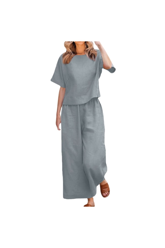 Linen Sets for Women 2 Piece Summer Cotton Linen Set for Women Loose Outfits Short Sleeve Top Wide Leg Long Pants Suit Solid Matching Sets Wide Leg Pants Tracksuit Lounge Matching Sets